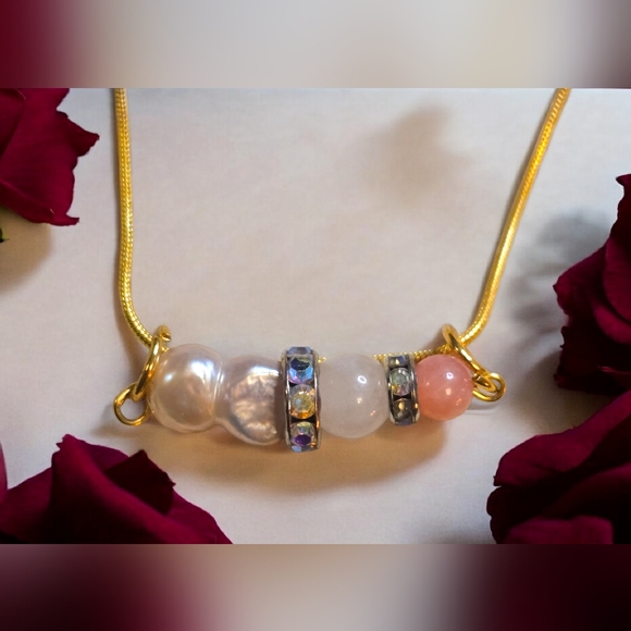 Earth Art hand crafted artisan Jewelry - Baroque Pearl Vibe Bar Necklace | Rose Quartz & Pink Jade | 18Kgp Chain